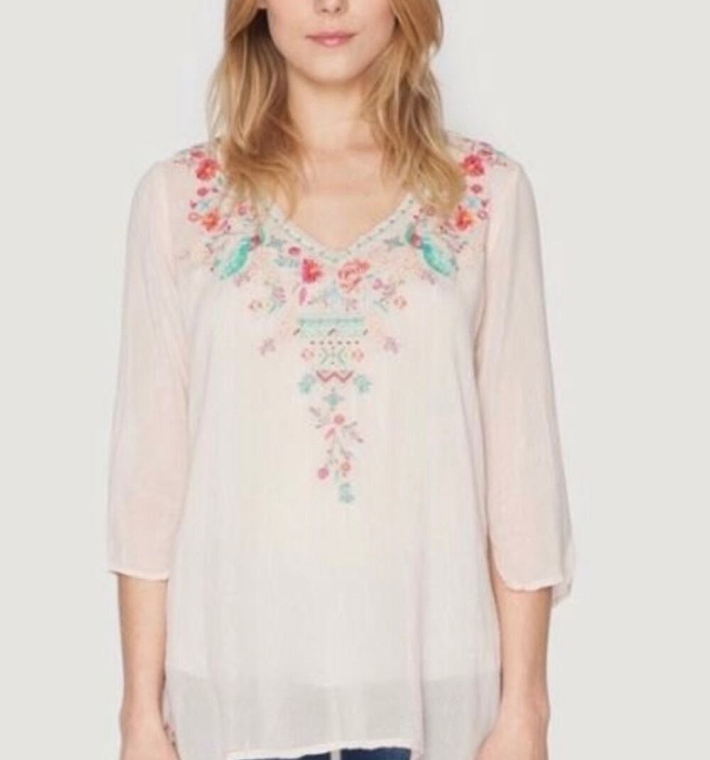 Johnny Was Embroidered Peacock Floral V Neck Tunic Blouse Pink Boho 3/4 Sleeve M